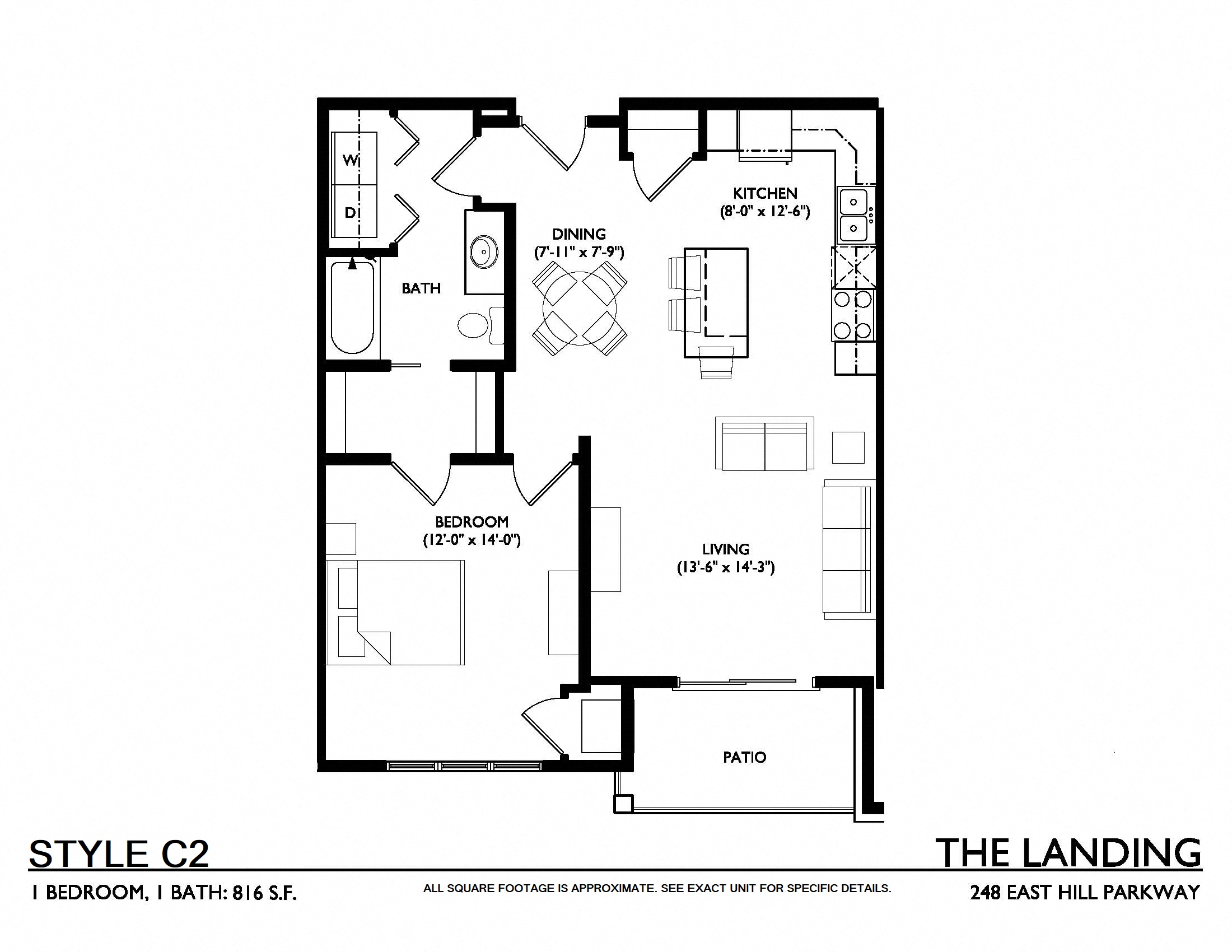 Floor plan for 1 bed, 1 bath, 816 sqft